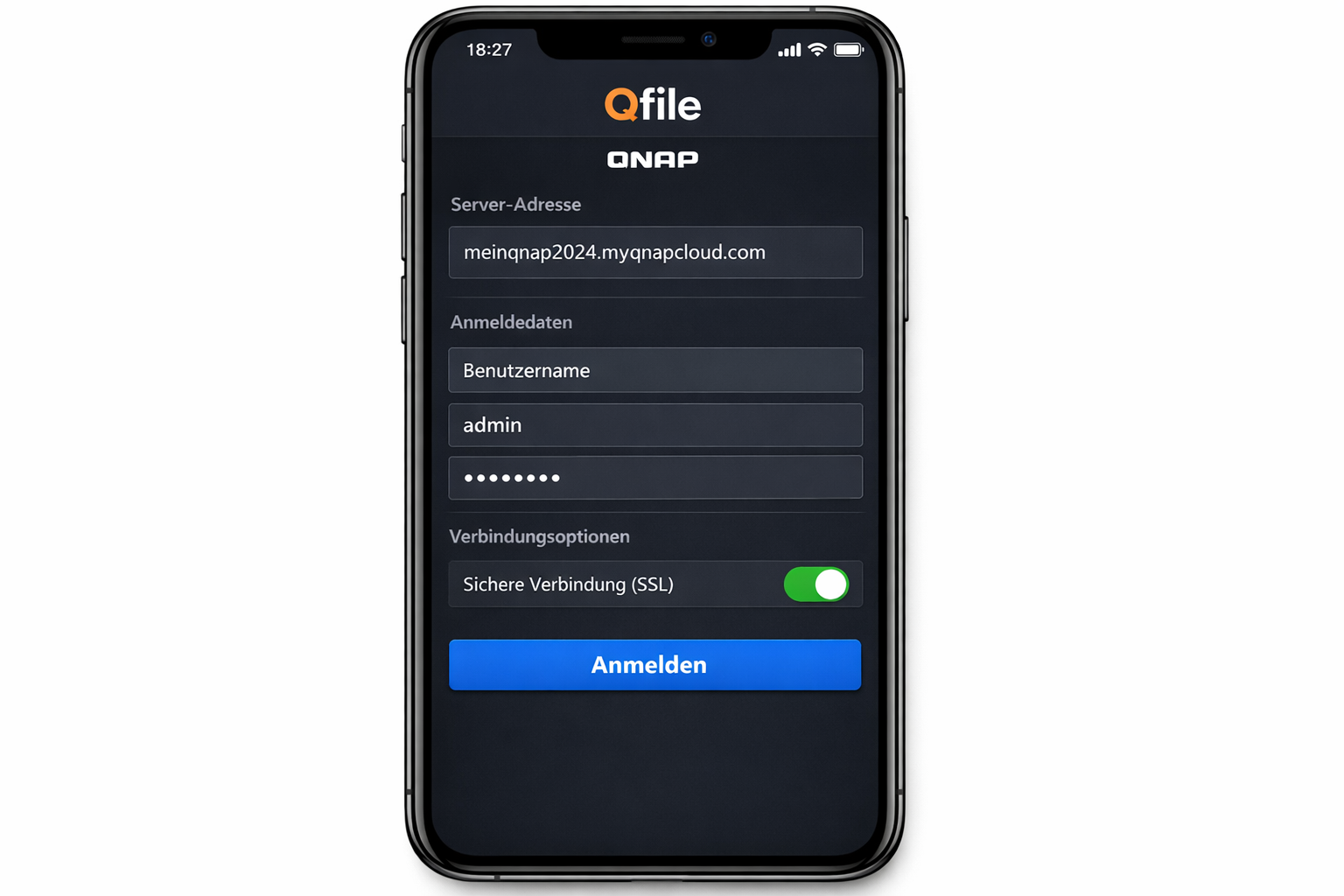 Qfile App Anmeldebildschirm mit myQNAPcloud Server-Adresse Konfiguration