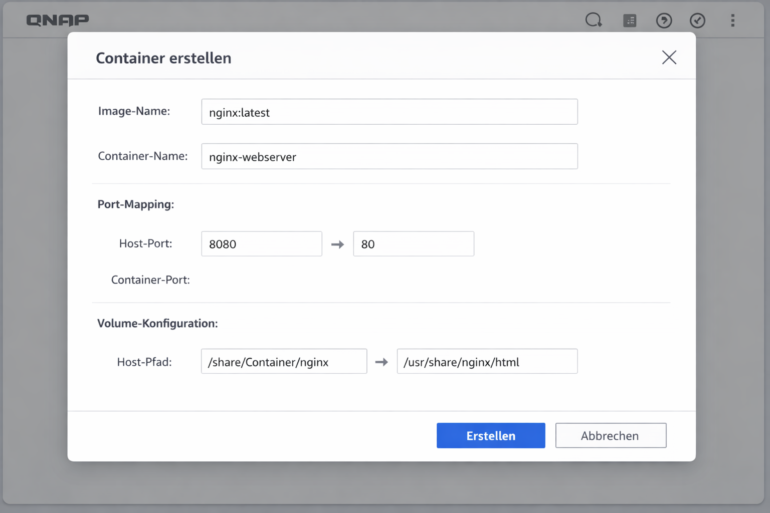 QNAP Container Station Dialog zum Erstellen eines neuen Docker-Containers mit Nginx-Konfiguration