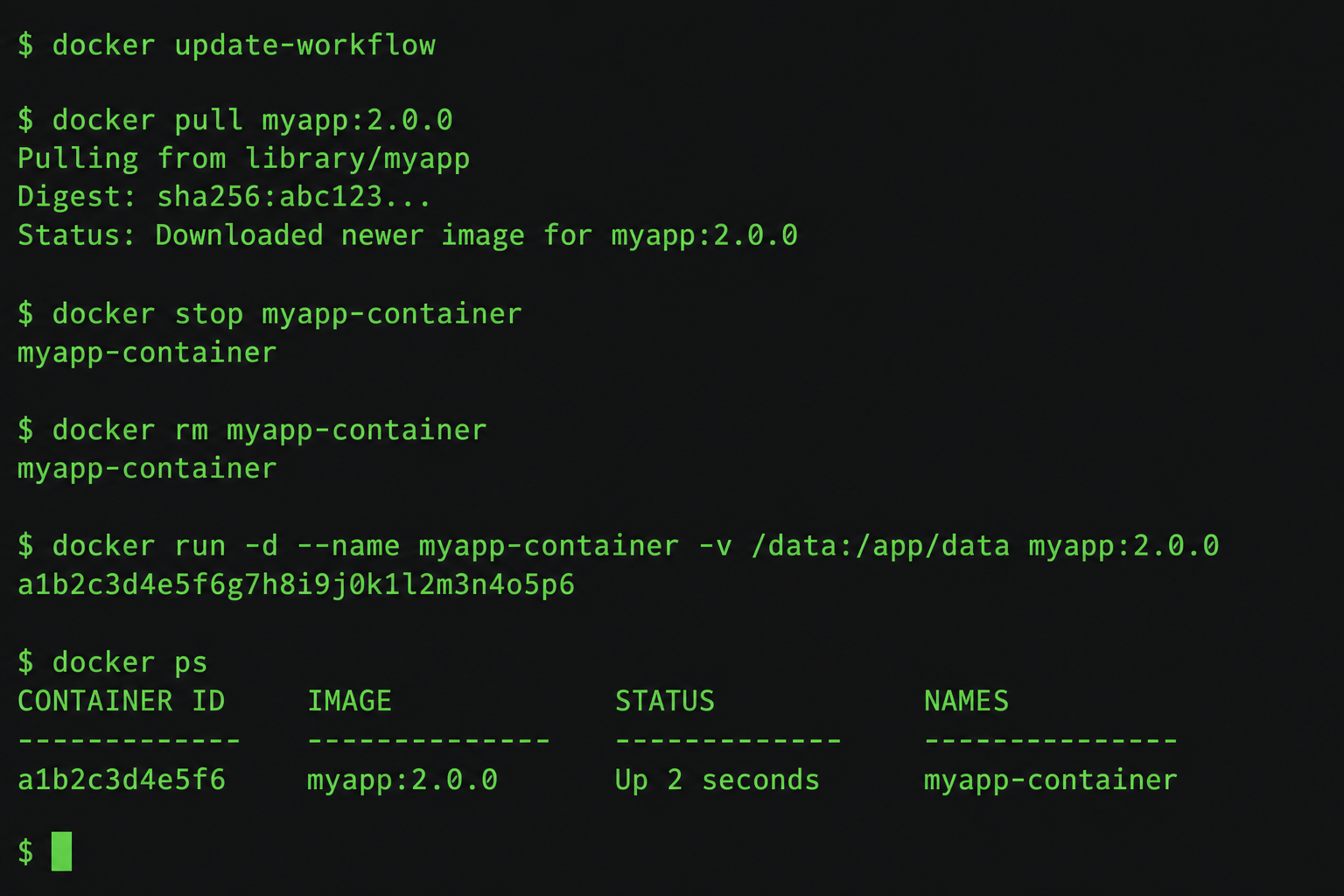 Terminal-Screenshot: Docker Update-Workflow mit docker pull, docker stop, docker rm und docker run Befehlen in Deutsch