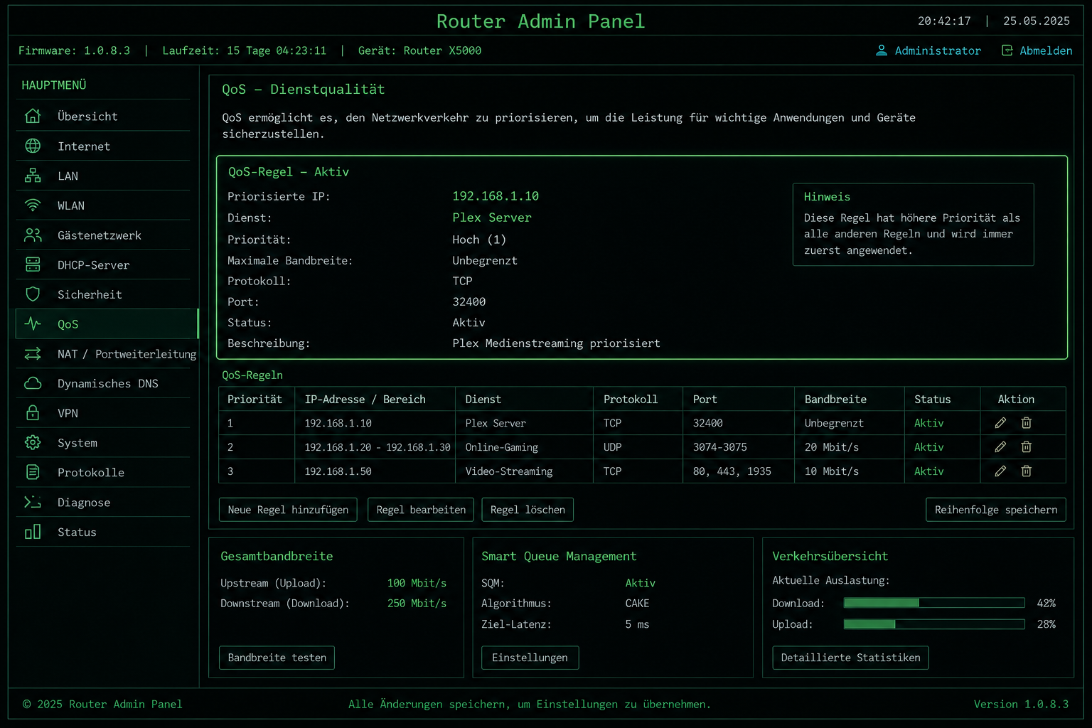 Screenshot des Router-Admin-Panels mit hervorgehobener QoS-Einstellung für Plex Server